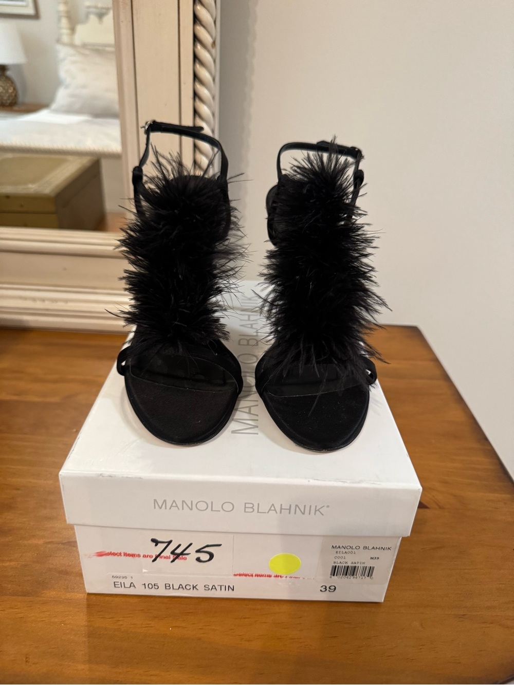 Manolo Blahnik Black Satin Feather Trim Heeled Sandals